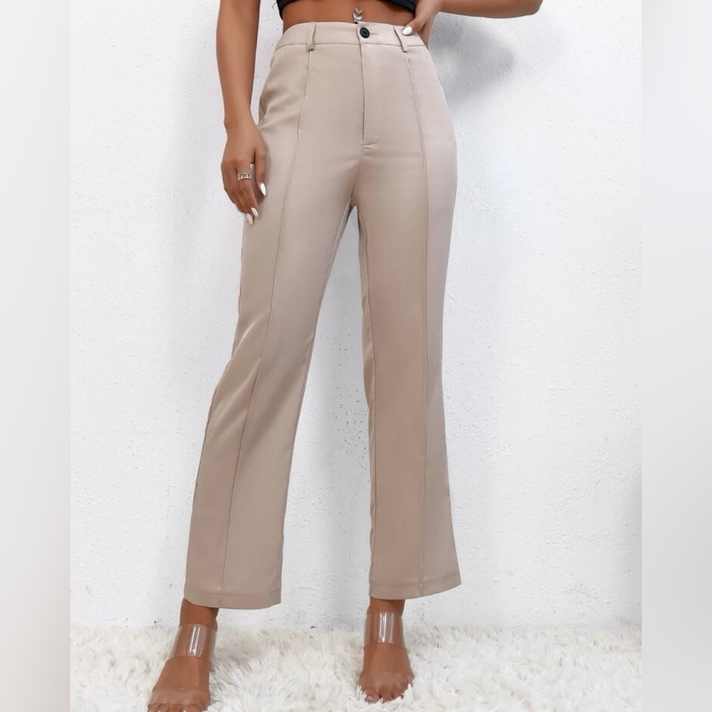 Khaki Petite Seam Detail Flare Leg Pants